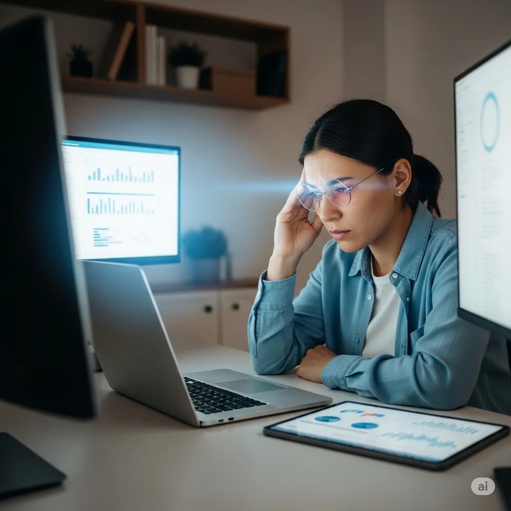 تصویری از فردی که با کامپیوتر کار می‌کند و چشم درد دارد.