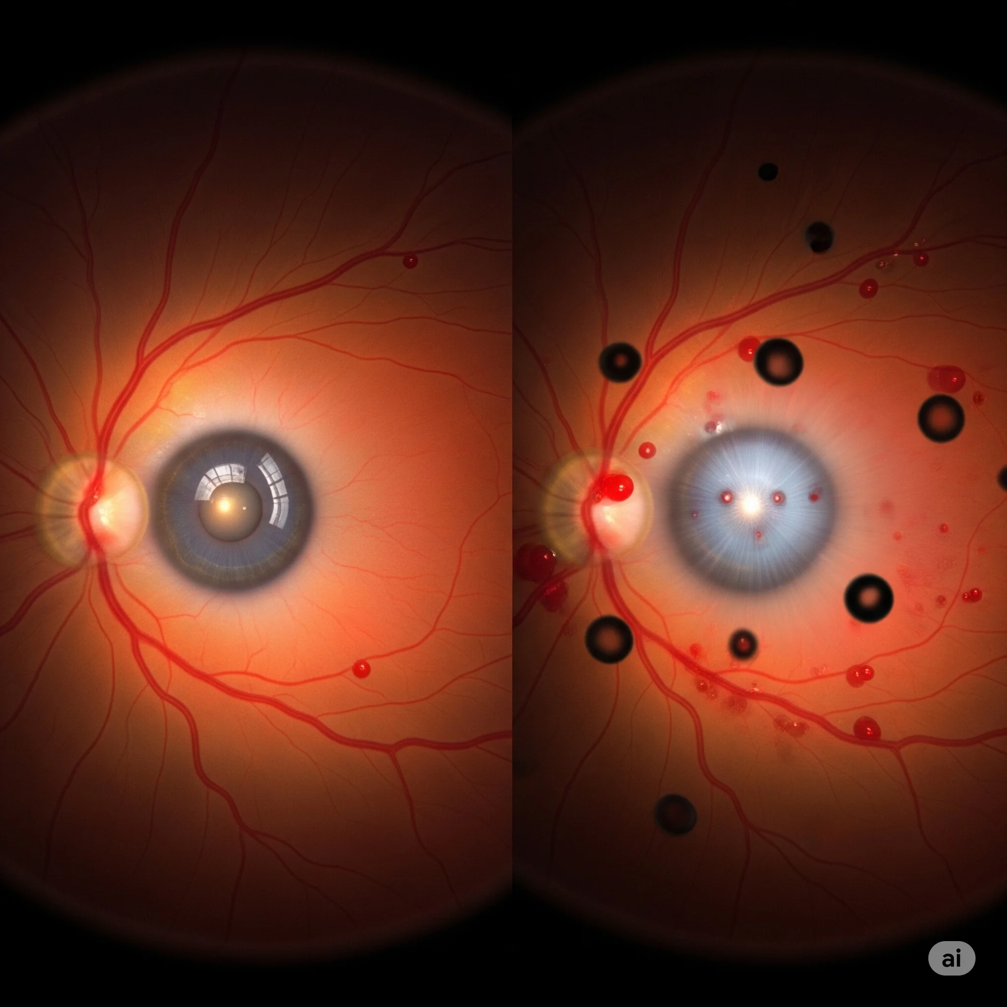 تصویری از شبکیه چشم که نشان‌دهنده رتینوپاتی دیابتی است.