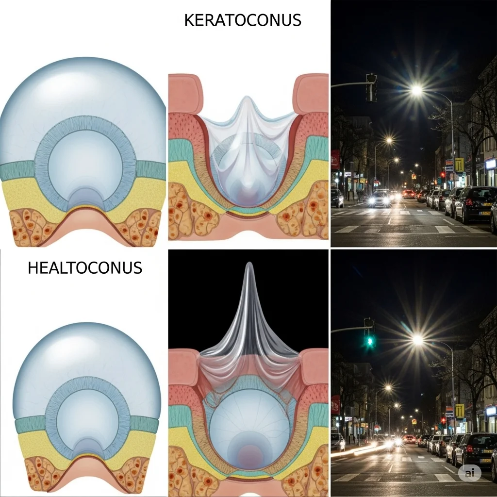 تصویری از یک چشم با بیماری کراتوکونوس که قرنیه آن به شکل مخروطی برآمده شده است.